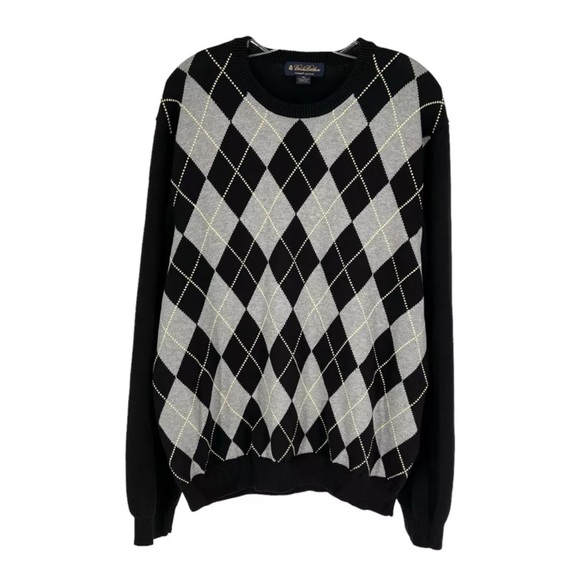 Brooks Brothers Argyle Sweater Mens Size XL Black Gray Supima Cotton Knit - Picture 1 of 11